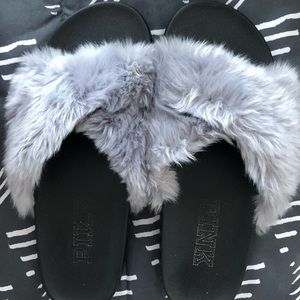 Grey fur slide on sandals